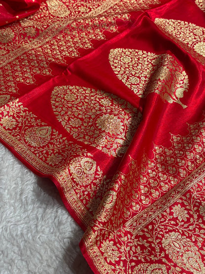 Satin Silk Saree Floral Boota in Red Shades SS28