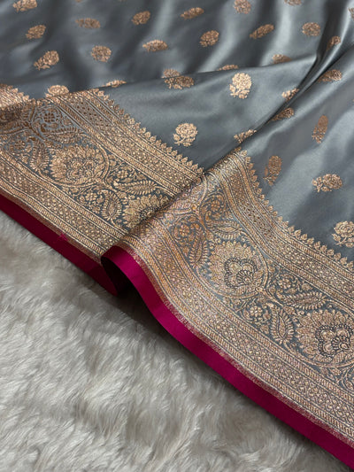 Floral boota Satin katan Silk Saree In Grey Shades SK12