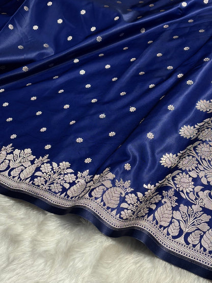 Navy Blue Floral Boota With Floral Border Mashru Silk Saree MSM 79
