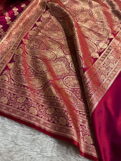 Banarasi Magentic Red Shades Cross Pattern Banarasi Satin Silk Saree SS51