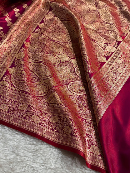 Banarasi Magentic Red Shades Cross Pattern Banarasi Satin Silk Saree SS51