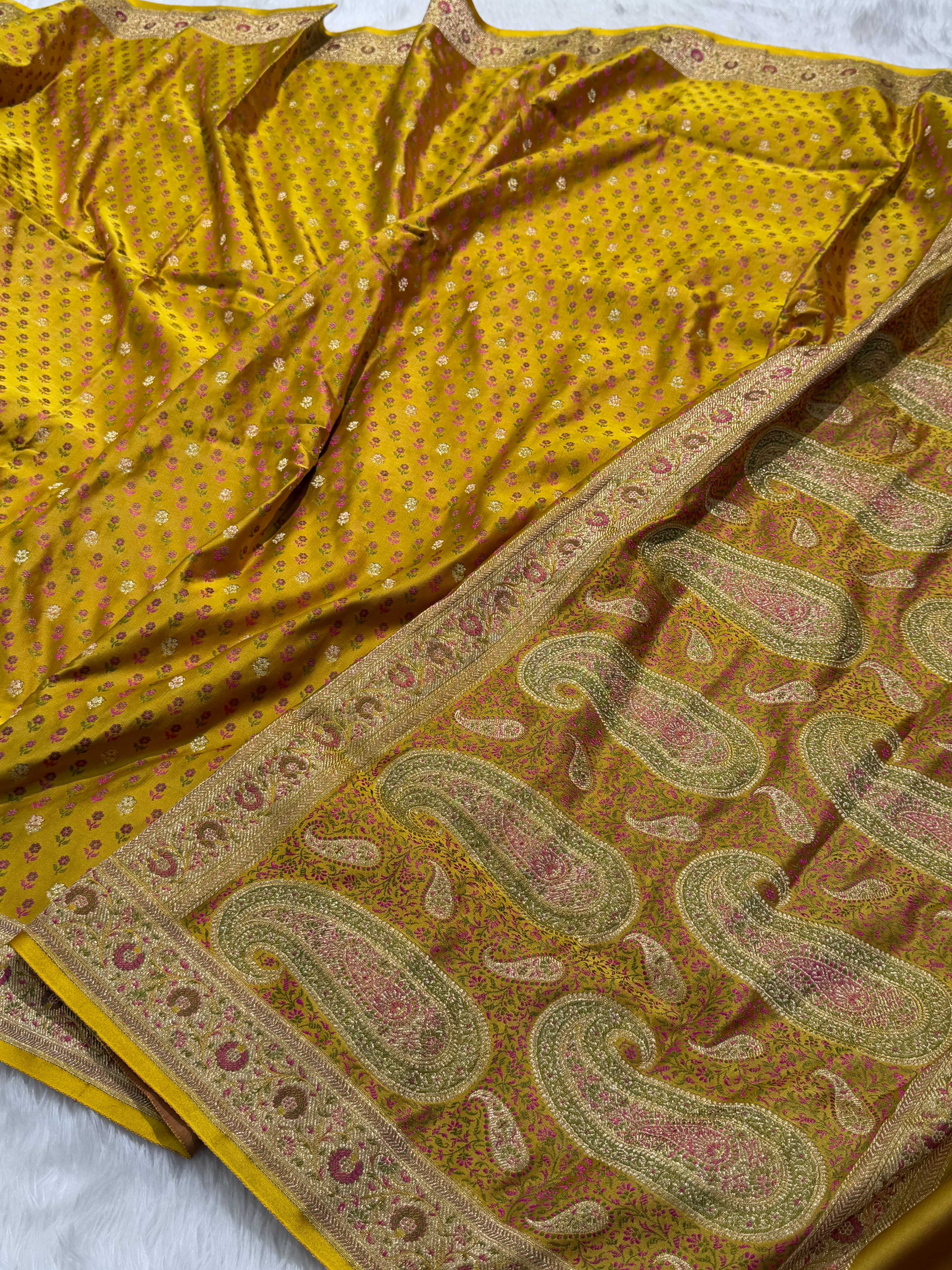 Yellow Minakari Tilfi booti Katan Silk Saree