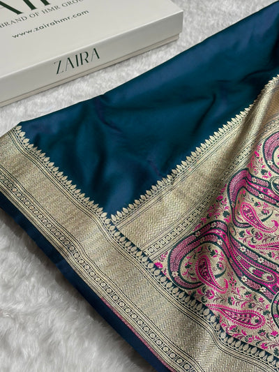 German Blue Shades Banarasi With Plain & Minakari Floral Border Mashru Silk Saree MSM-129