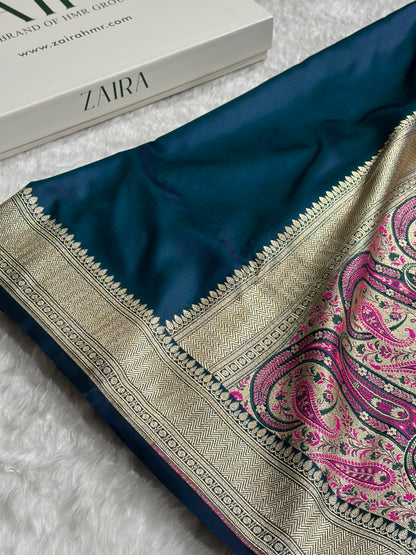 German Blue Shades Banarasi With Plain & Minakari Floral Border Mashru Silk Saree MSM-129