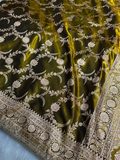 Satin Silk Banarasi Jaal In Mehandi Shades with Gota Patti SSGP18