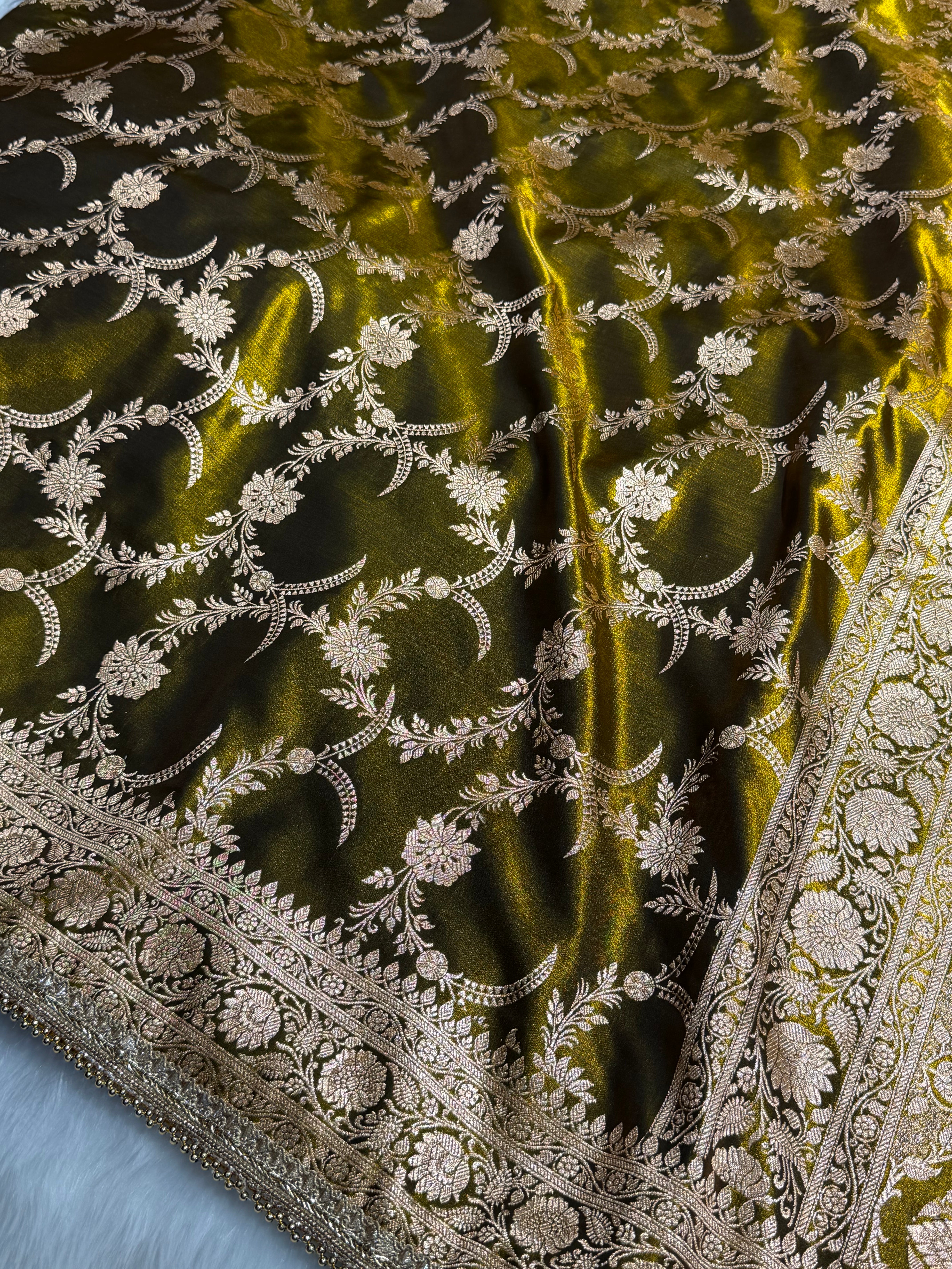 Satin Silk Banarasi Jaal In Mehandi Shades with Gota Patti SSGP18