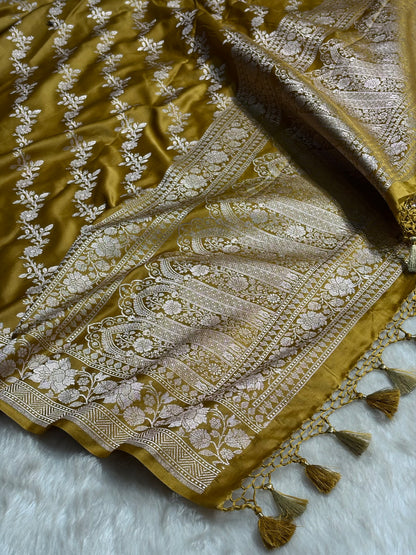 Dusty Mustard Shades Banarasi Cross Jaal Mashru Silk Saree MS18