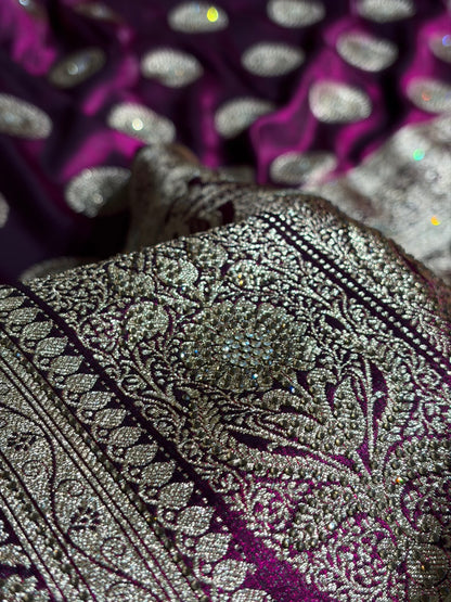 Wine Shades Banarasi With Swarovski Stone Work Satin Silk Saree BSS33