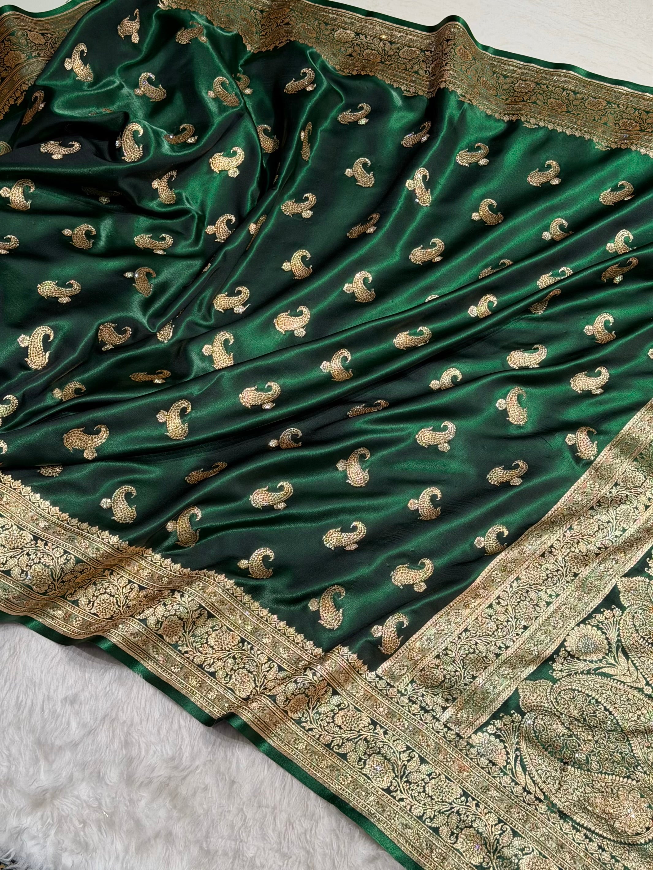 Satin Silk Saree Tredition Banarasi Swarovski Work Floral Boota in Bottle Green Shades BSS27