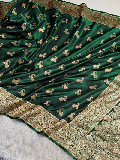 Satin Silk Saree Tredition Banarasi Swarovski Work Floral Boota in Bottle Green Shades BSS27