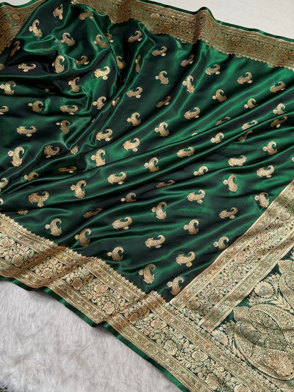 Satin Silk Saree Tredition Banarasi Swarovski Work Floral Boota in Bottle Green Shades BSS27