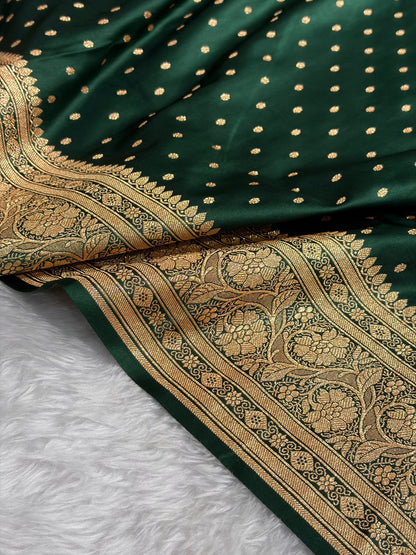 Banarasi Satin Katan Saree With Boota in Bottle Green Shades SK106