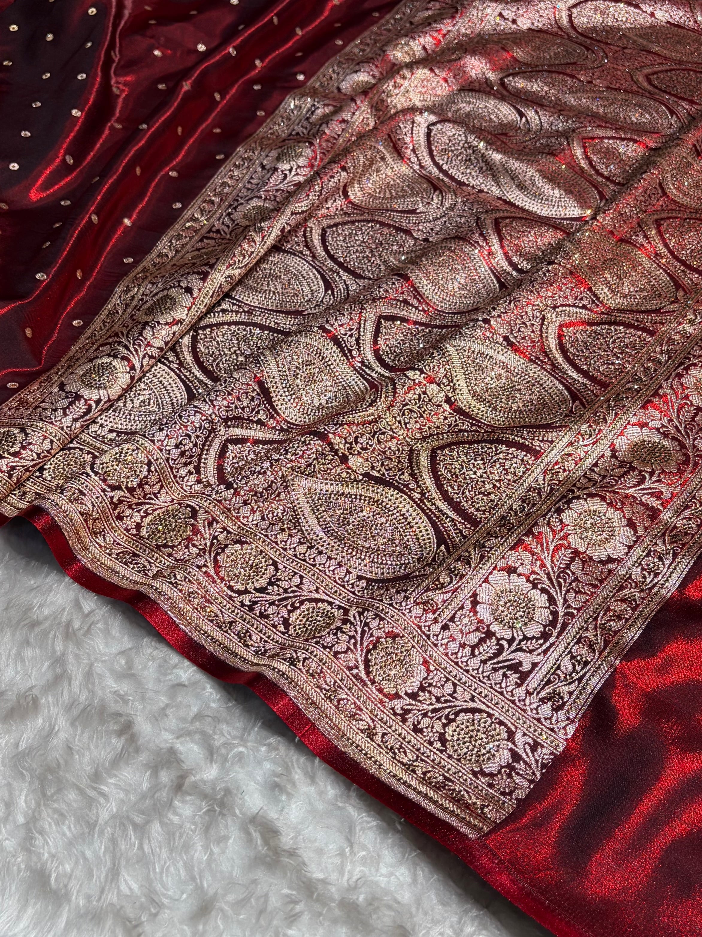 Banarasi Satin Silk Dot Booti in Maroon Shades withSwarovski work BSS08