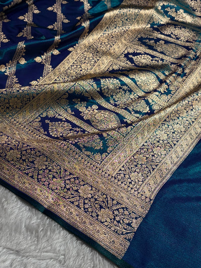 Peacock Shades Cross Pattern Banarasi Satin Silk Saree SS50