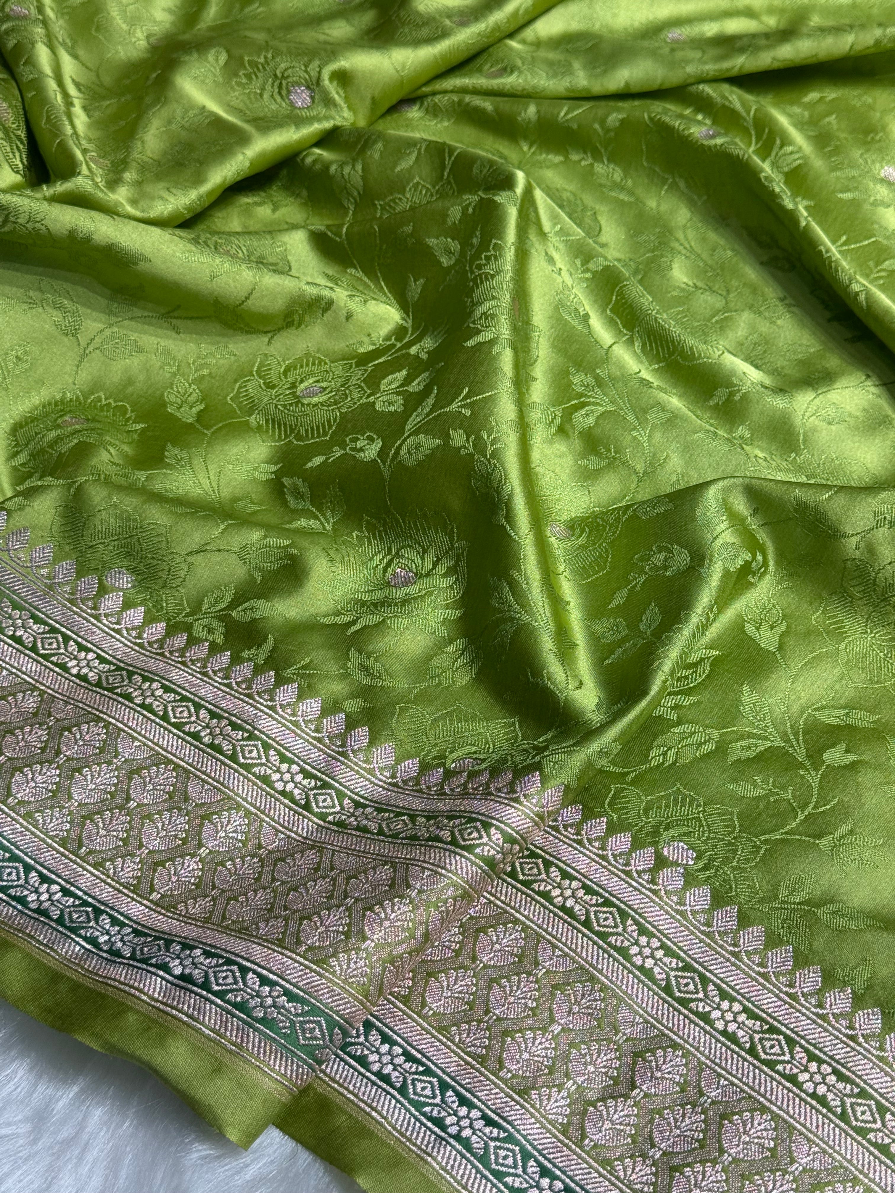 Banarasi Tanchoi Pista Green with Dark Green Blouse Shades Floral Booti Mashru Silk Saree
