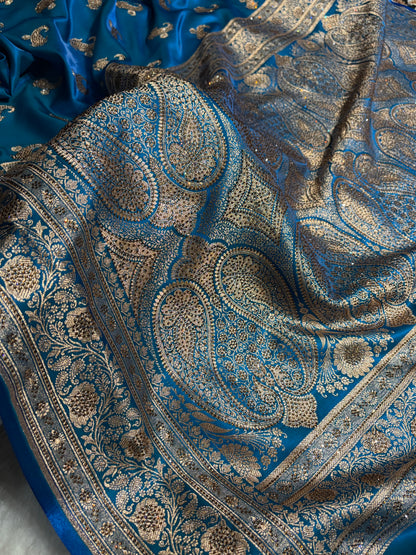 Satin Silk Saree Tredition Banarasi Swarovski Work Floral Boota in Firozi Shades BSS27