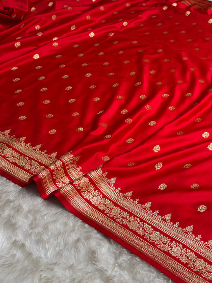 Red Floral Pattern Satin Katan Silk Saree SK76