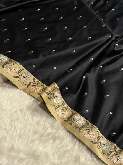 Black With Cream Floral Boota With Floral Border Mashru Silk Saree MSM-78