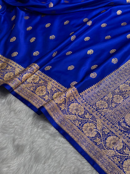 Royal Blue Floral Boota Pattern Satin Katan Silk Saree SK72