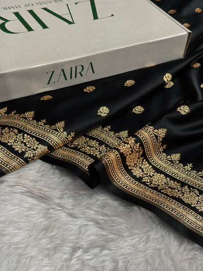 Banarasi Cross Black Floral Pattern Satin Katan Silk Saree SK76