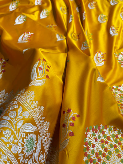 Mustard Gold Shades Banarasi Boota Pattern Minakari Floral Mashru Silk Saree MSM-121