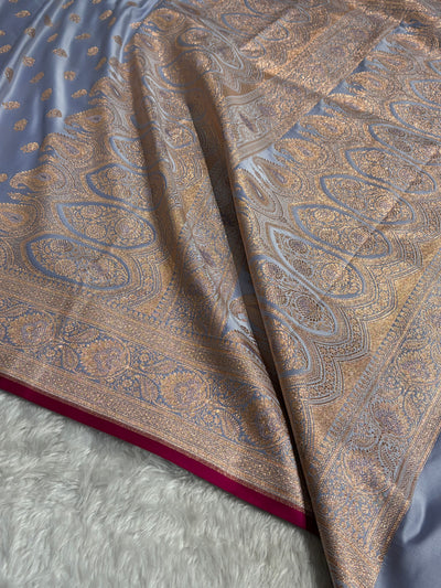 Floral boota Satin katan Silk Saree In Powder Blue Shades SK12