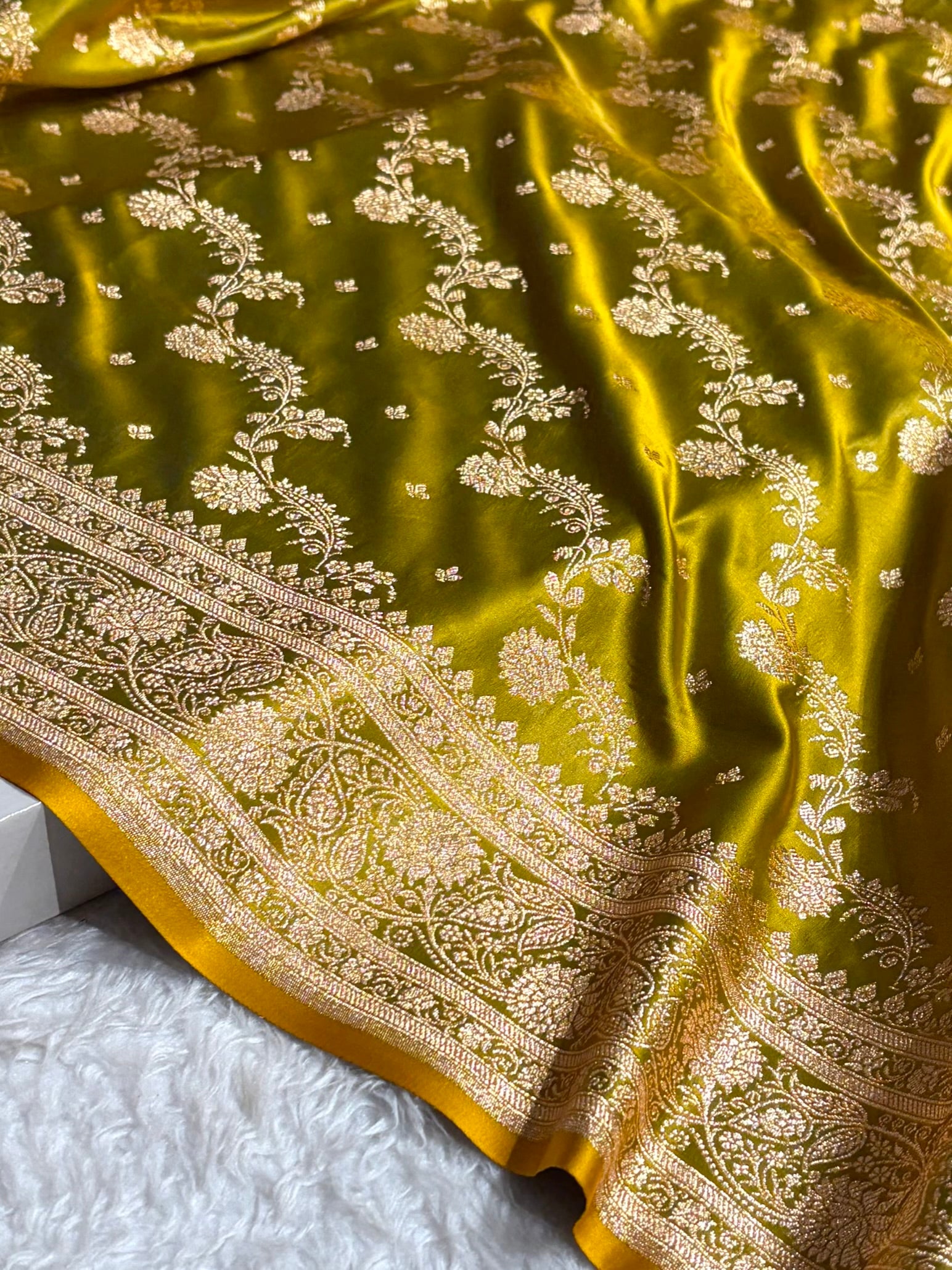Banarasi Satin Katan Saree With Jaal Pattern in Liril Mehendi Shades SK121