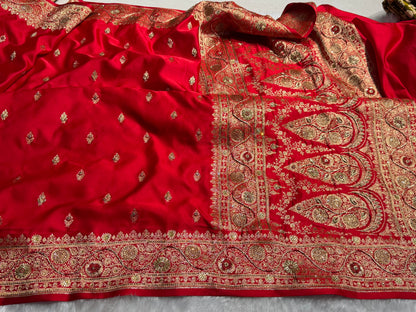 Banarasi Bridal Red Work Pattern Satin Katan Silk Saree BSK82