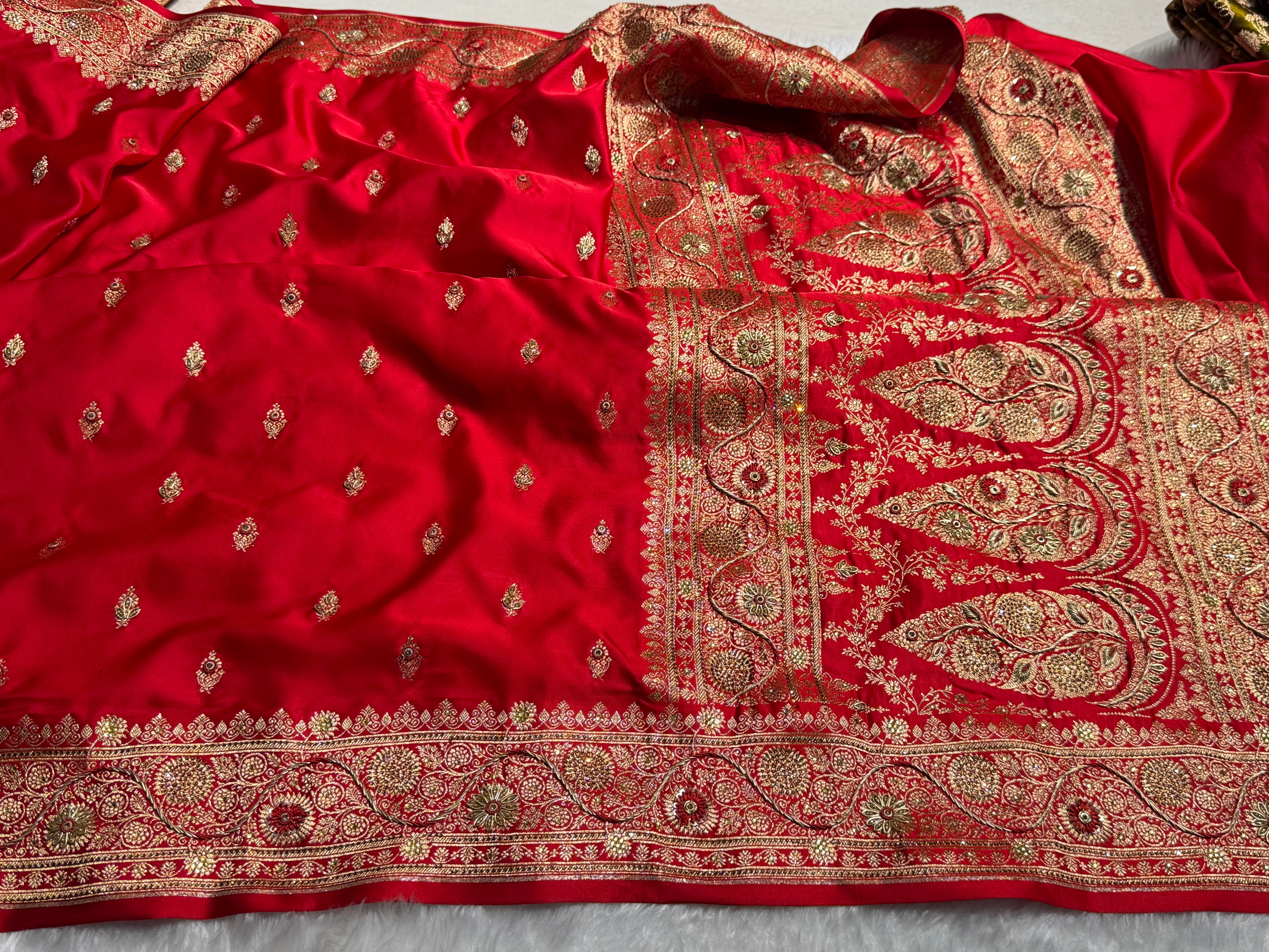 Banarasi Bridal Red Work Pattern Satin Katan Silk Saree BSK82