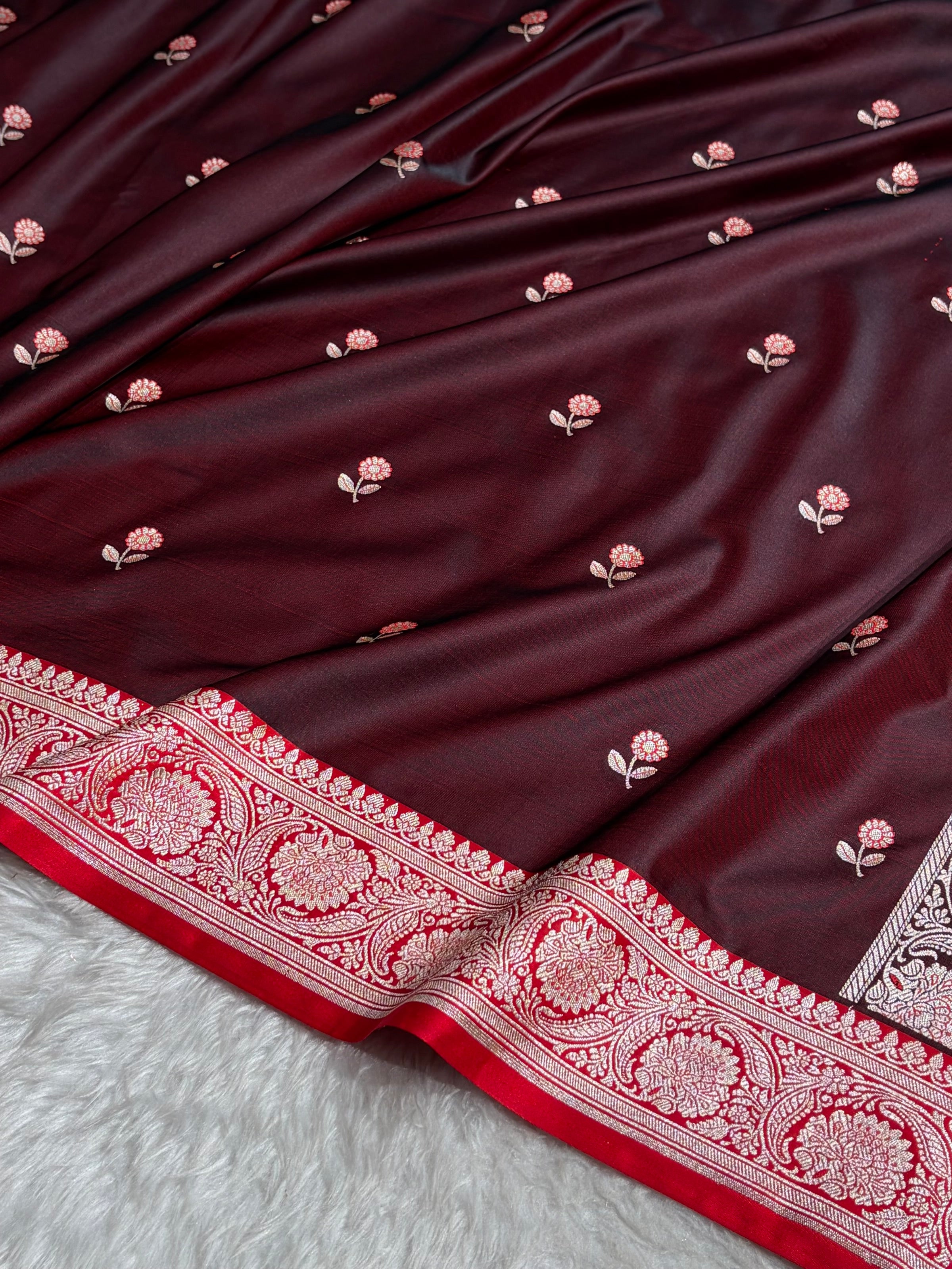 Cross Garnet / Red Shades Banarasi Booti Pattern Mashru Silk Saree MSM-137