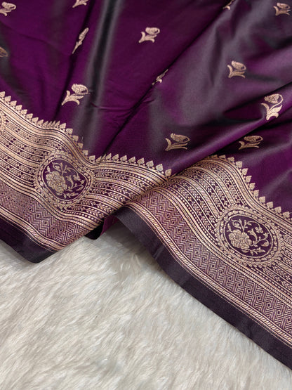 Dark Purple Boota With Floral Border Mashru Silk Saree MSM-96