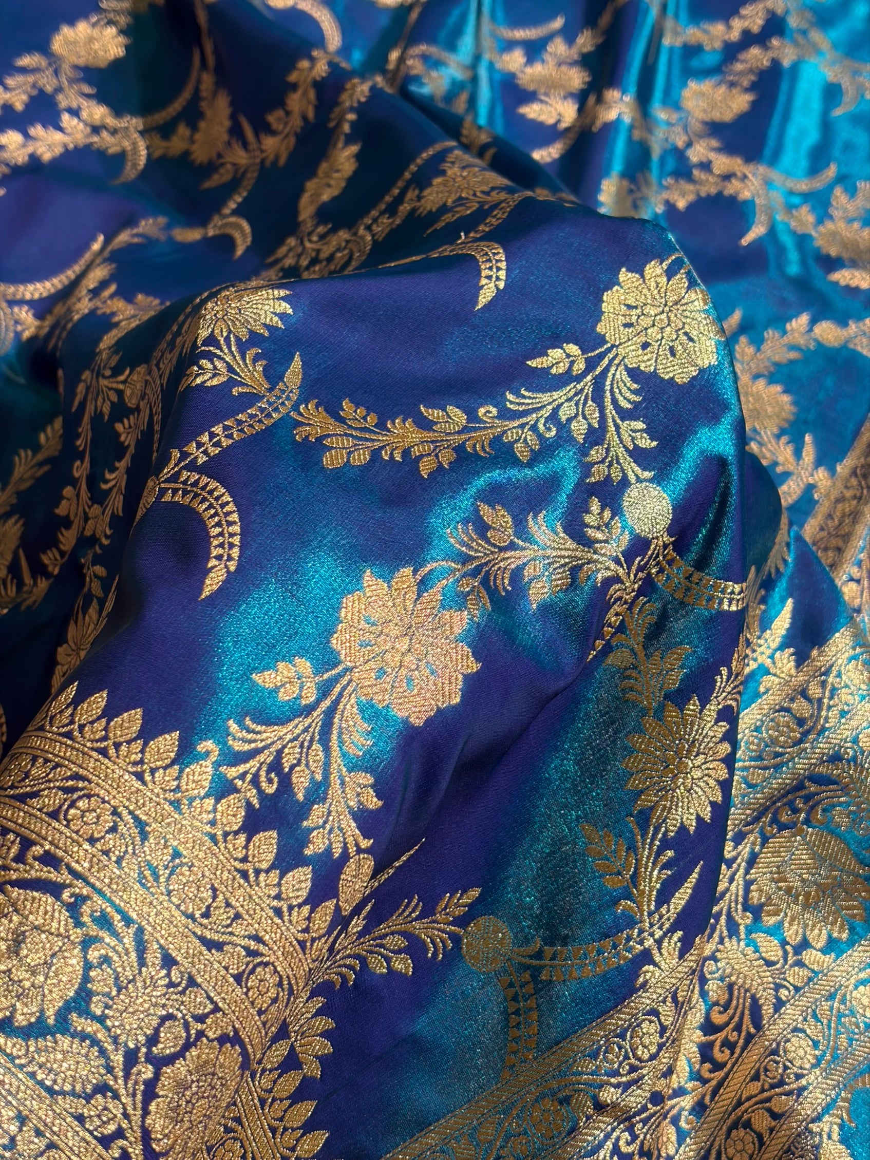 Banarasi Satin Silk Banarasi Jaal In Cross Firozi Shades SS18