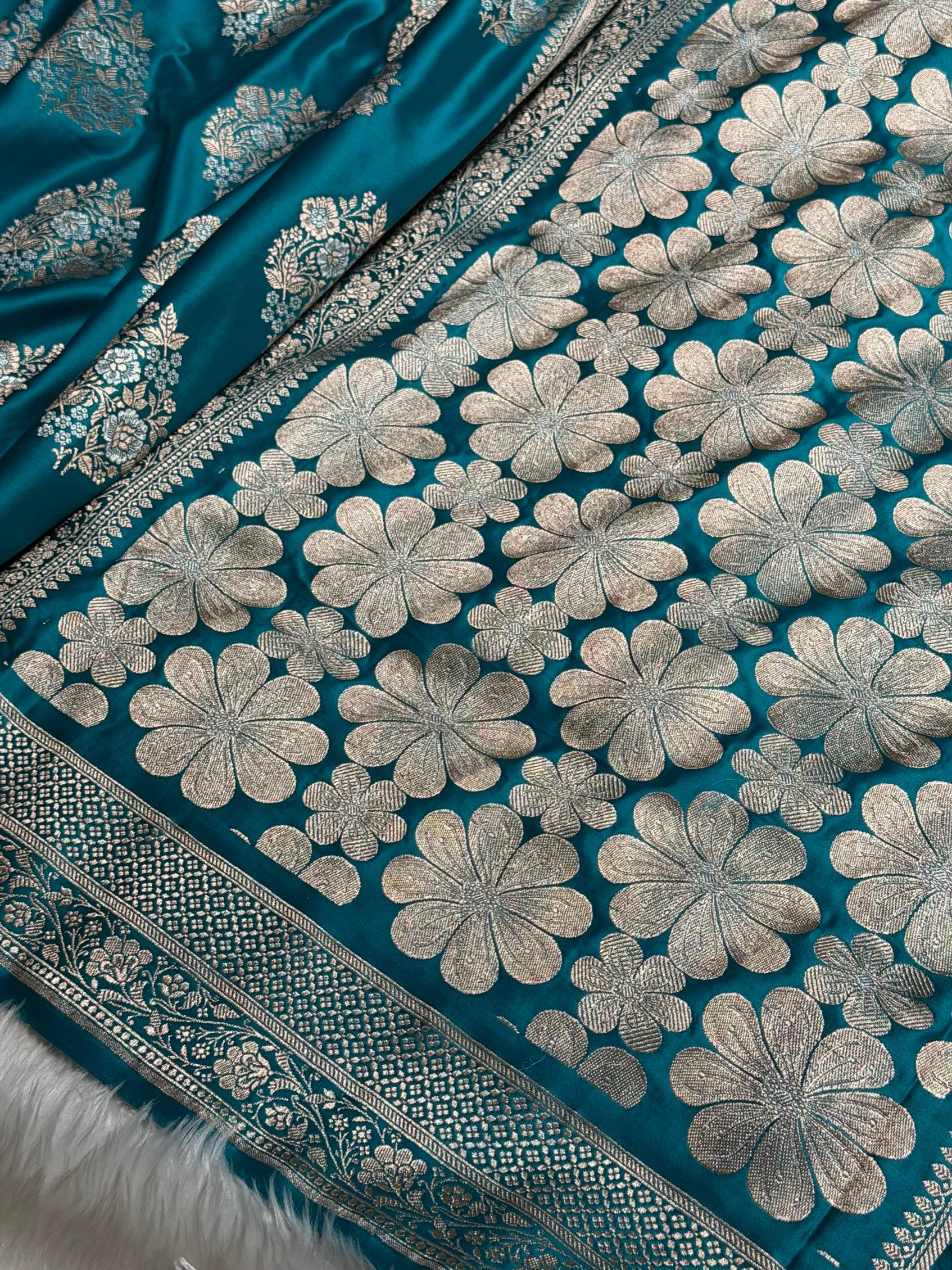 Premium Banarasi Satin Katan Saree With Minakari Boota in Rama Shades SK93
