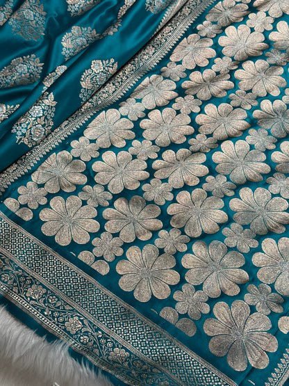 Premium Banarasi Satin Katan Saree With Minakari Boota in Rama Shades SK93