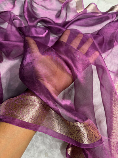 Purple Wine Shades Pure Tissue Silk Saree with Brocade Blouse PT-09