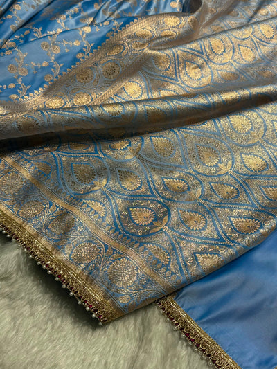 Nile Blue Cross With Gotta Patti Satin Katan Silk Saree SKGP17