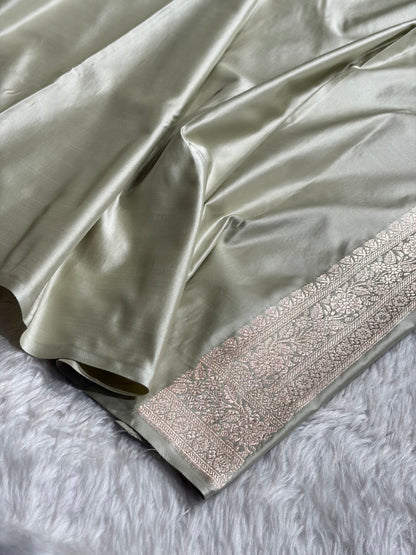 Light Pista Shades Banarasi With Floral Border Mashru Silk Saree MSM-127