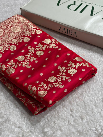 Banarasi Satin Katan Saree With Boota in Magnetic Red Shades SK114