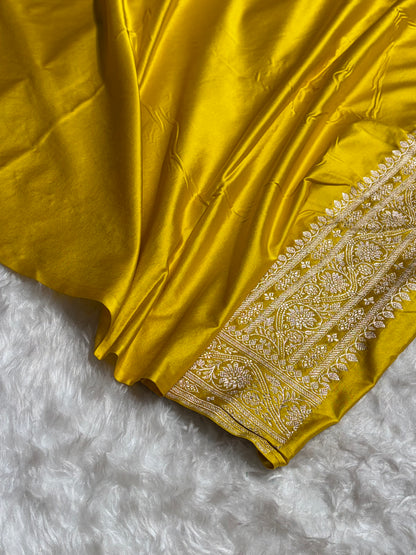 Mustard Shades Banarasi Minakari Floral Border Boota Mashru Silk Saree MS66