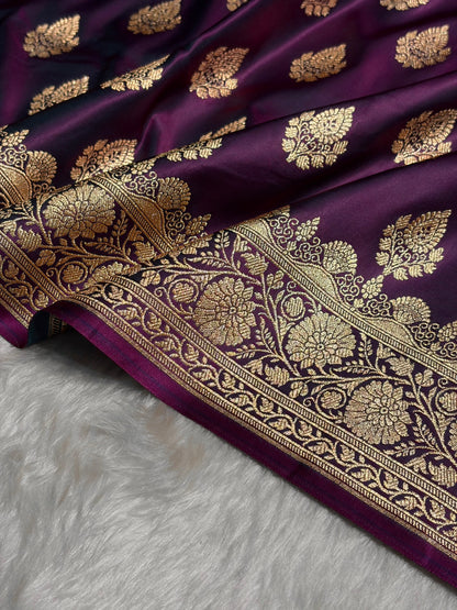 Wine Floral Boota Pattern Satin Katan Silk saree SK45