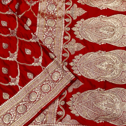 Red Mashru Silk with Ari and Stone