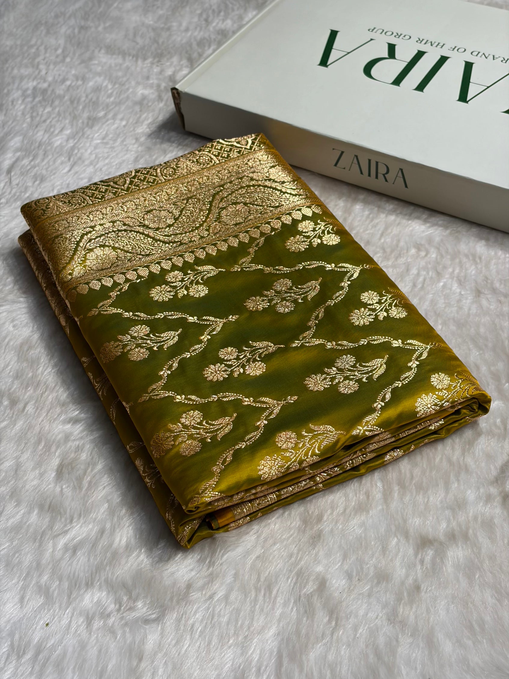 Liril Green Cross with Boota Pattern Satin Katan Silk Saree SK67