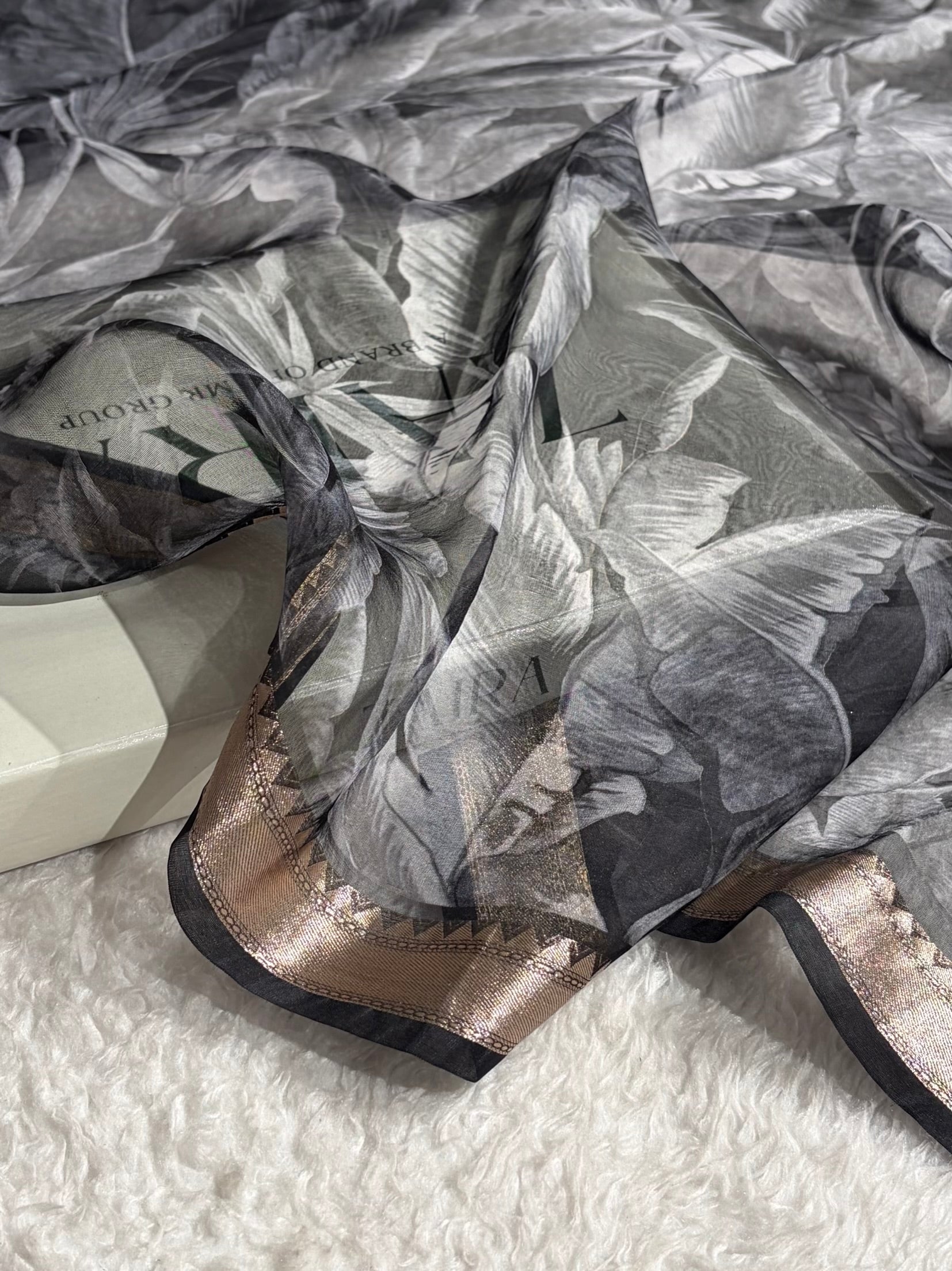 Black Organza with Pastel Multicolor Florals & Gold Zari Border POP12