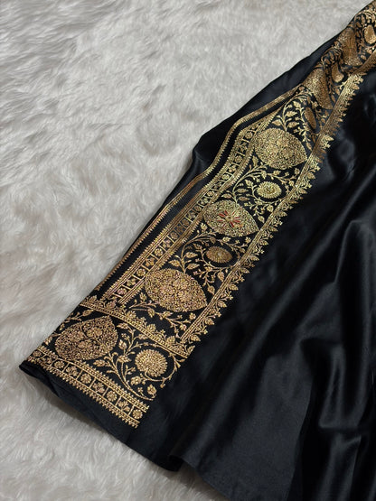 Banarasi Satin Katan Saree With Aari Zardozi Work Boota in Black Shades BSK98