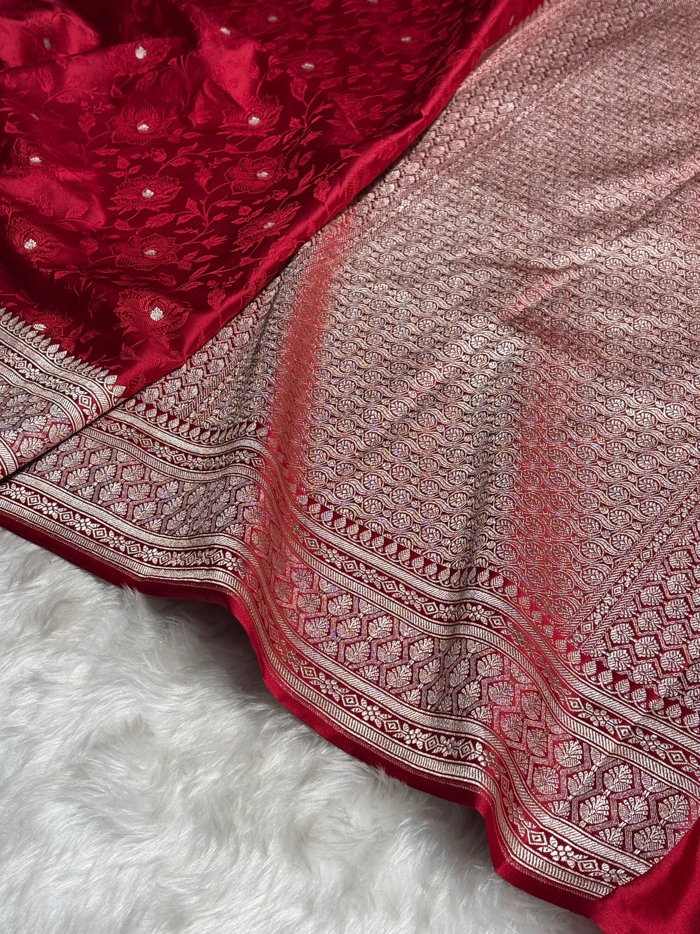 Banarasi Tanchoi Cherry Red Floral Booti Mashru Silk Saree MS59
