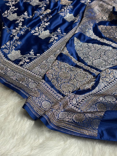 Banarasi Royal Blue Shades Swarovski Work Jaal Mashru Silk Saree BMCS63