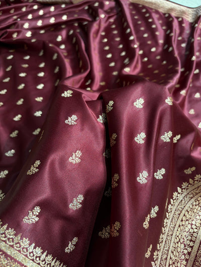 Banarasi Satin Katan Saree With Boota in Garnet Shades SK89