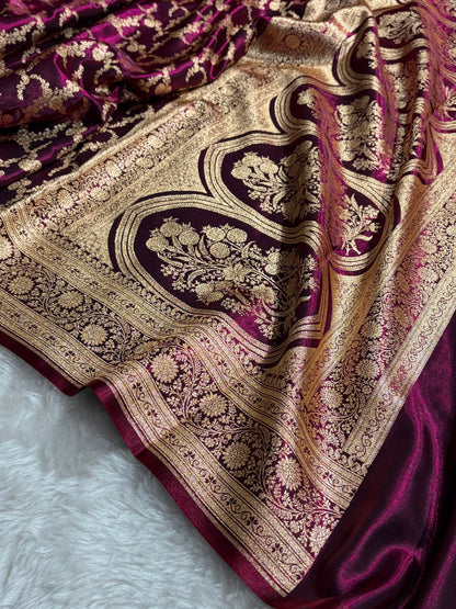 Wine Shades Cross Pattern Banarasi Satin Silk Saree SS40