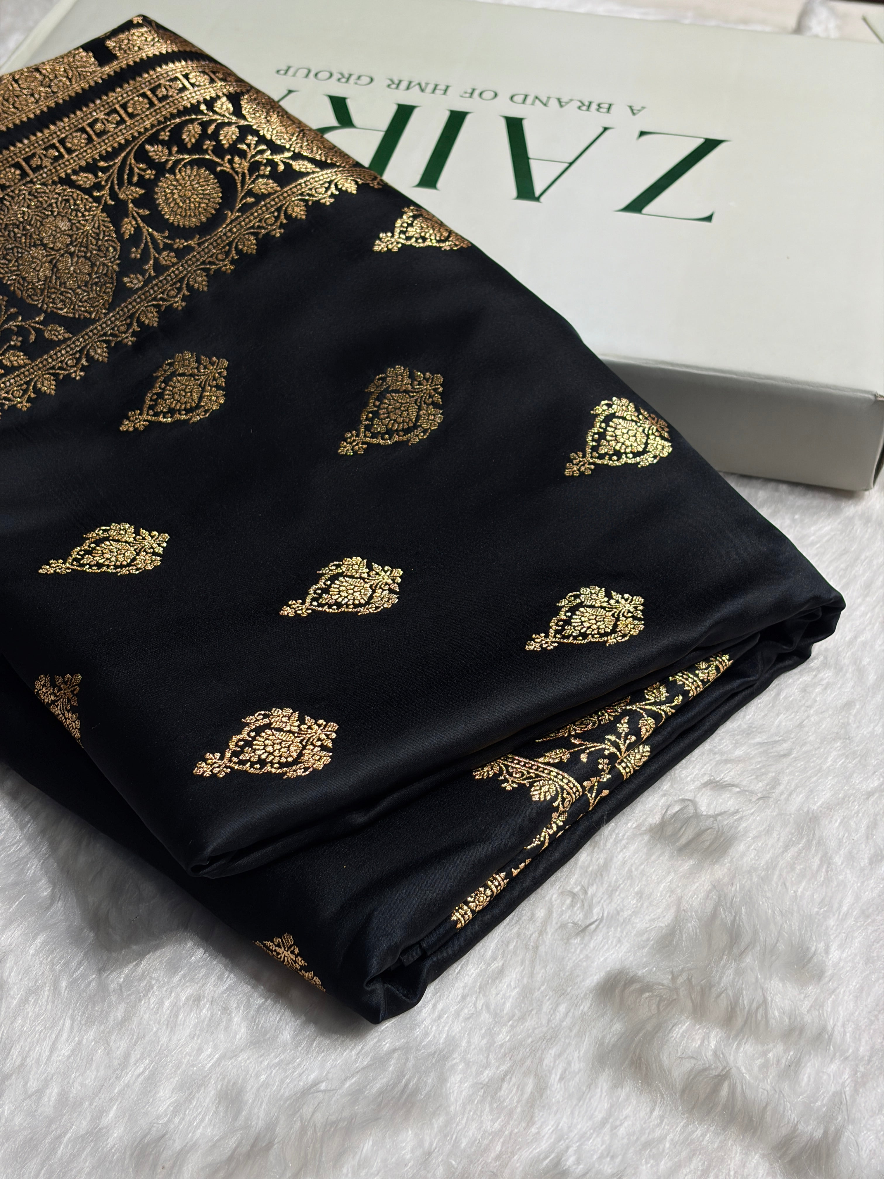 Banarasi Satin Katan Saree With Boota in Black Shades SK98