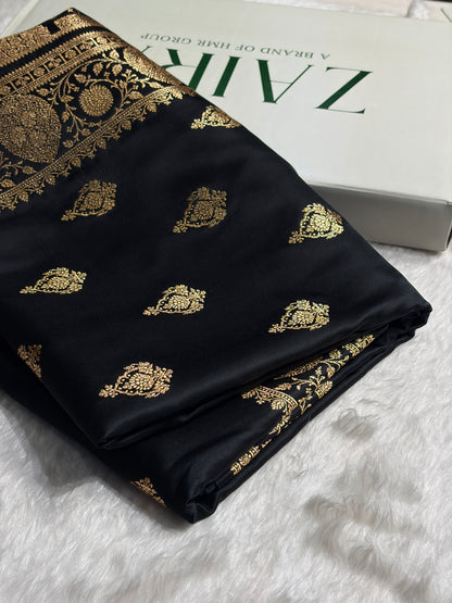 Banarasi Satin Katan Saree With Boota in Black Shades SK98